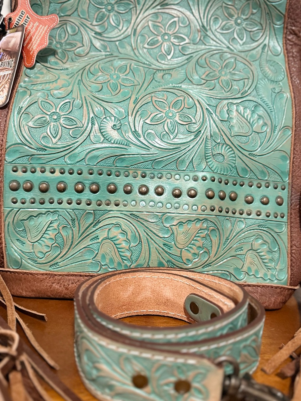 American Darling Turquoise Tooled Leather Fringe Crossbody with Brown Accents - Picture 2 of 15